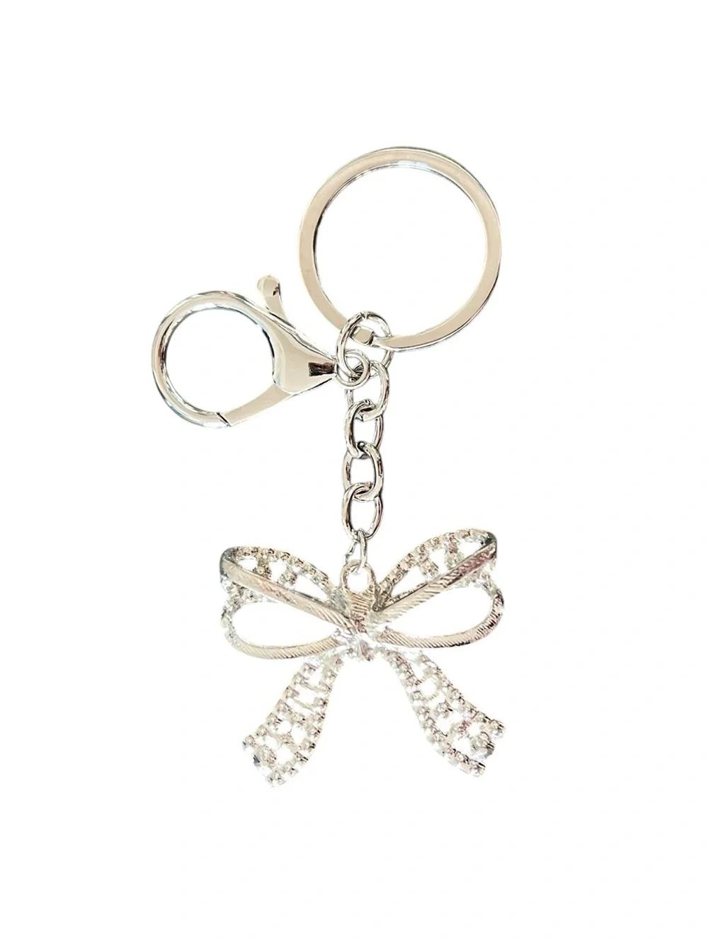 Silver Bow Allover Clear Rhinestone & White Pearl Coquette Bag Charm Keychain